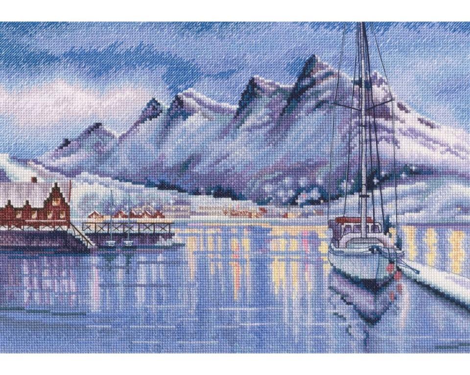 Port of Bodo M970 Counted Cross Stitch Kit featuring white Aida canvas, colorful DMC threads, and included needle and instructions.